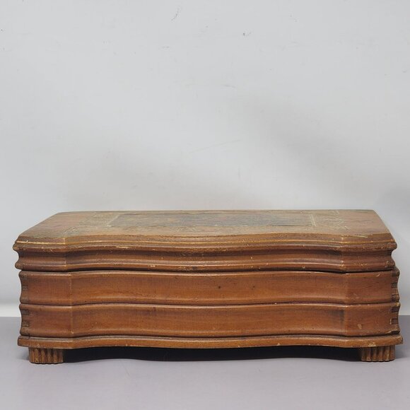 Vintage Wooden Dovetail Jewelry Box With Mirror & Floral Design - Picture 2 of 12